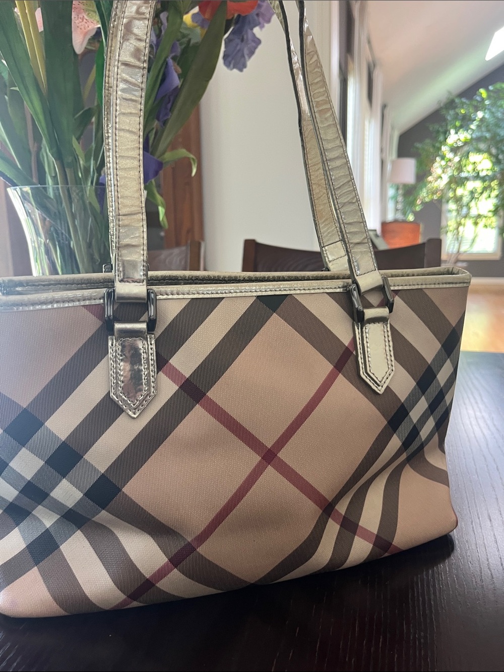 Burberry Beige Plaid Tote with Silver Straps